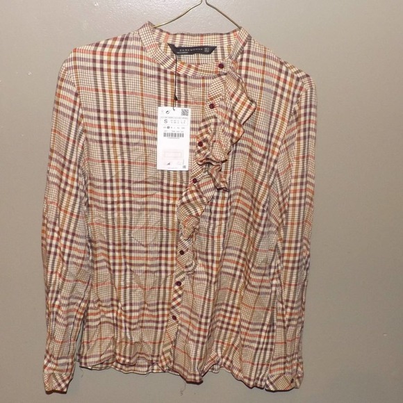 # 101 Zara Woman gingham pattern Ruffle BLouse Small - Picture 1 of 6